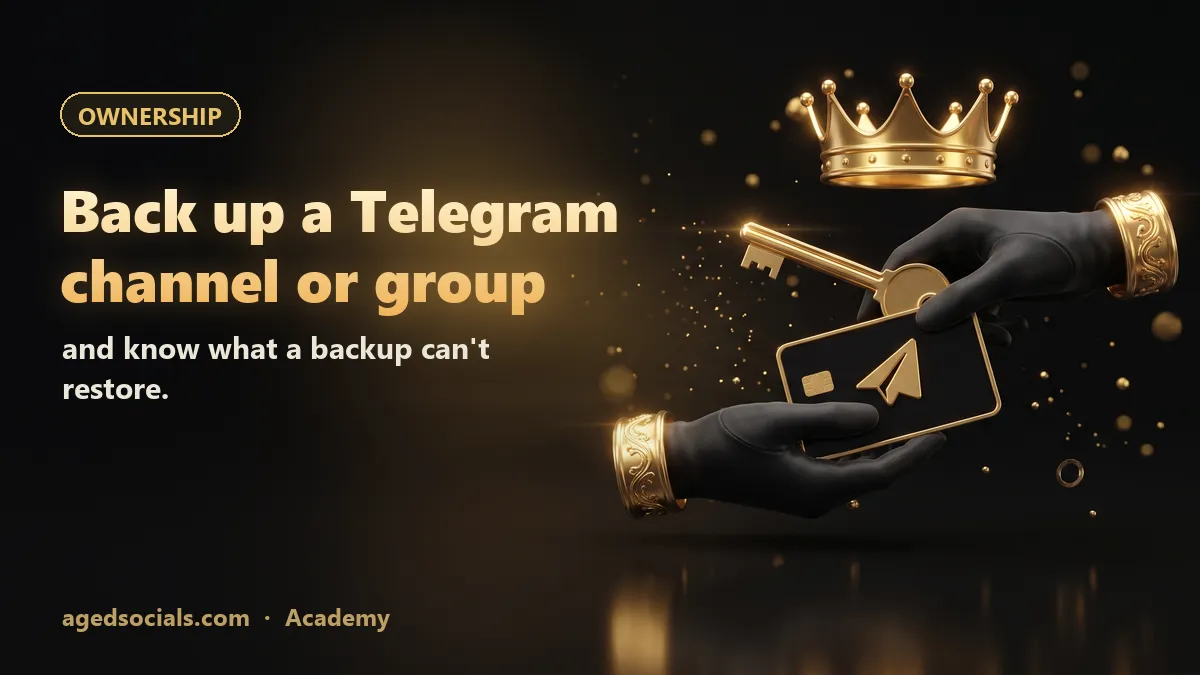 How to Back Up a Telegram Channel or Group (and What a Backup Can't Restore): AgedSocials illustration