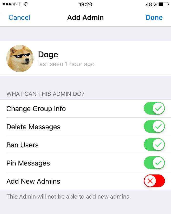 Official Telegram administrator-rights interface used as an ownership-transfer reference