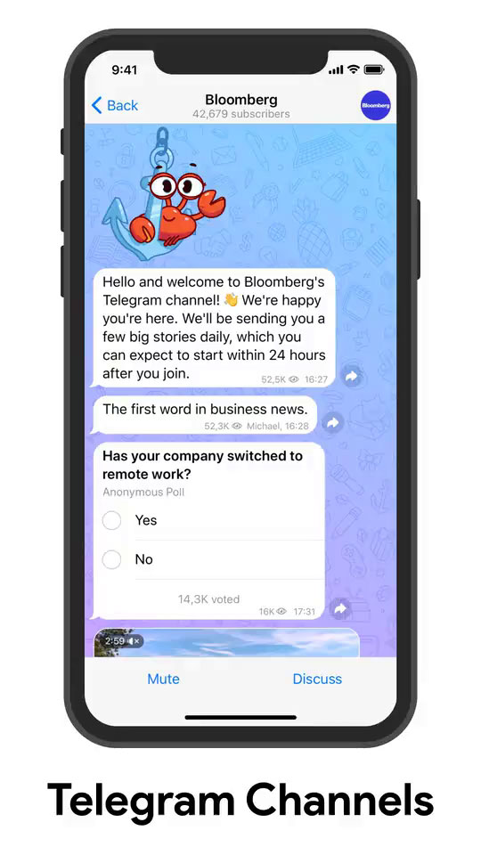 Official Telegram Channels interface shown as a reference for the old channel service