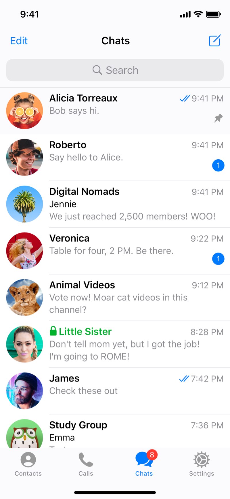 Official Telegram chat-list interface shown as a reference for the aged account service