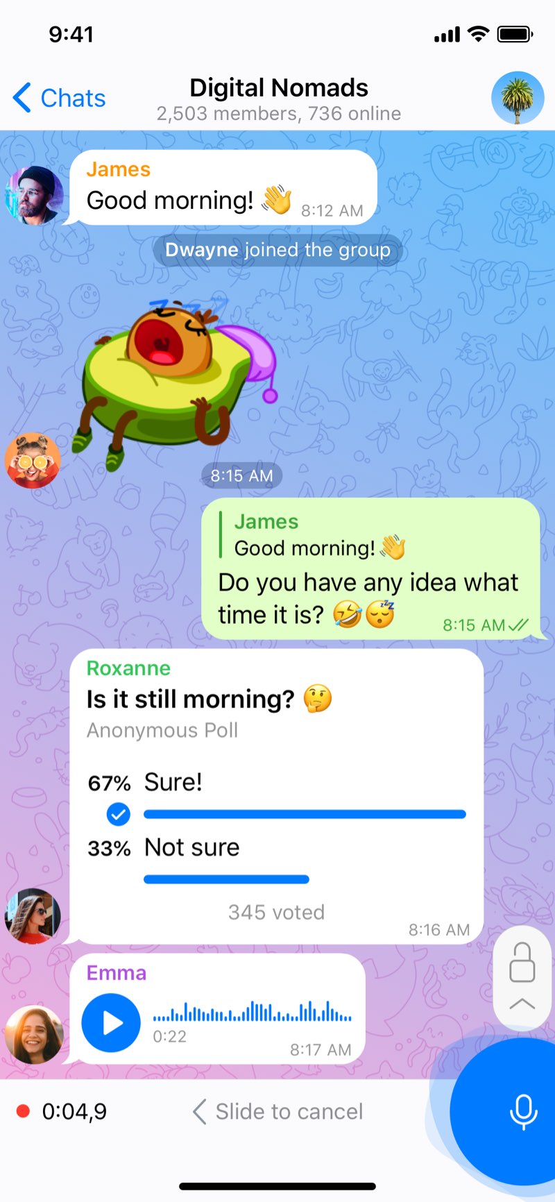 Official Telegram group conversation and poll interface used for asset-type comparison