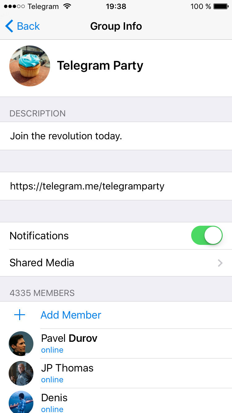Official Telegram public group interface shown as a reference for the old group service